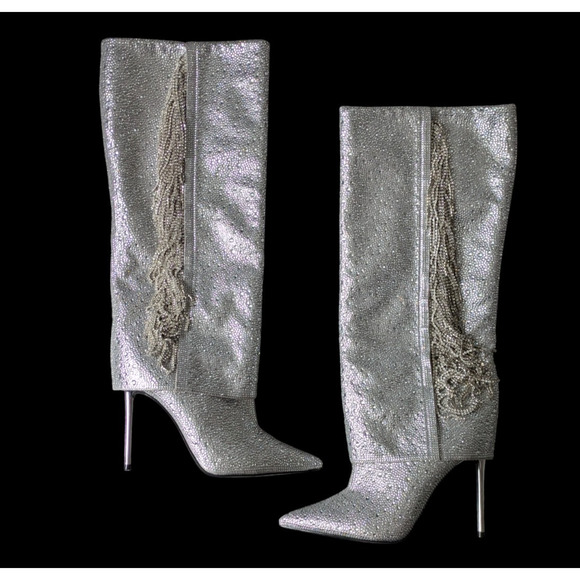 Steve Madden Sanya Silver Rhinestone Fringe Knee High Boot New Size 8 Sparkle - Picture 2 of 12